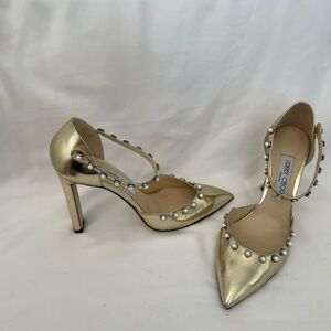 Jimmy Choo Leema 100 Gold Heel with faux pearlsSize  7 US/39 EU